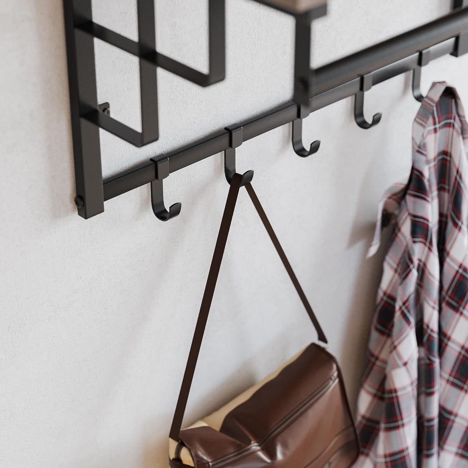 Wall-Mounted Coat Rack – Metal and Wood – Greige and Black – Industrial Design with Storage Shelf and 5 Hooks