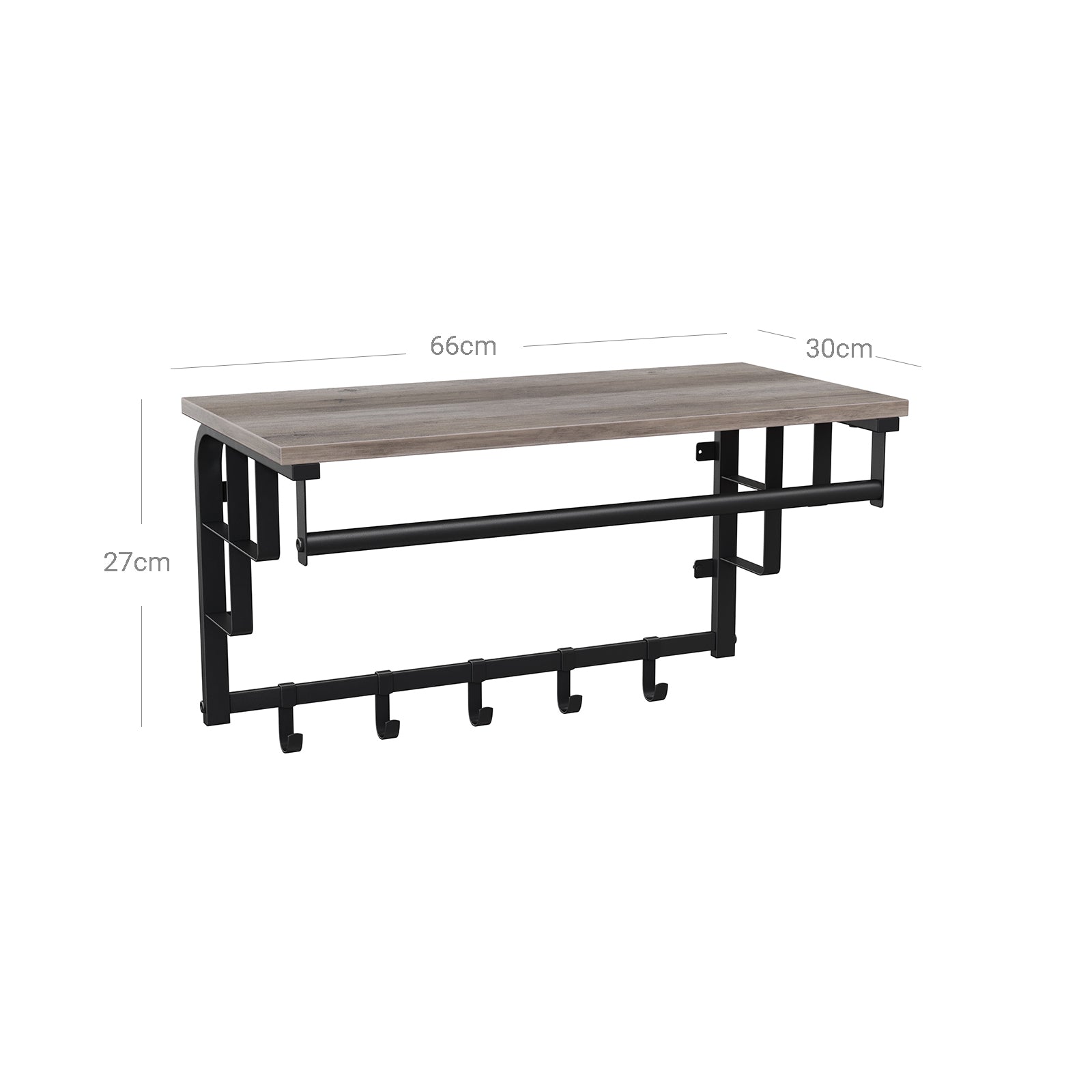Wall-Mounted Coat Rack – Metal and Wood – Greige and Black – Industrial Design with Storage Shelf and 5 Hooks