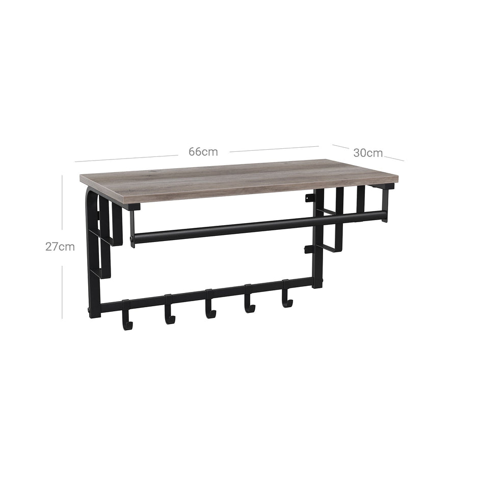 Wall-Mounted Coat Rack – Metal and Wood – Greige and Black – Industrial Design with Storage Shelf and 5 Hooks