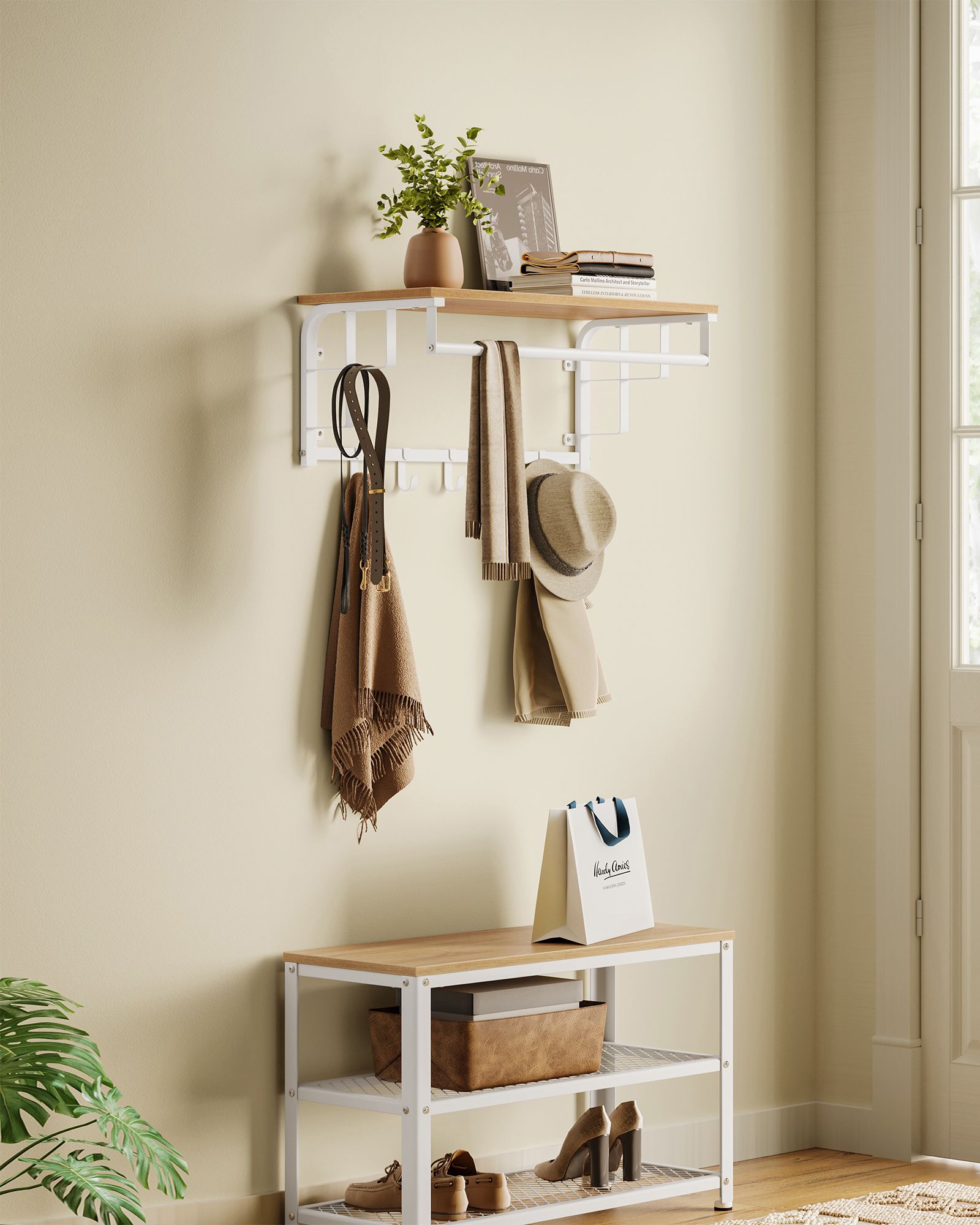 Wall-Mounted Coat Rack – Engineered Wood – Golden Oak and Cloud White – Industrial Design with Storage Shelf and 5 Hooks