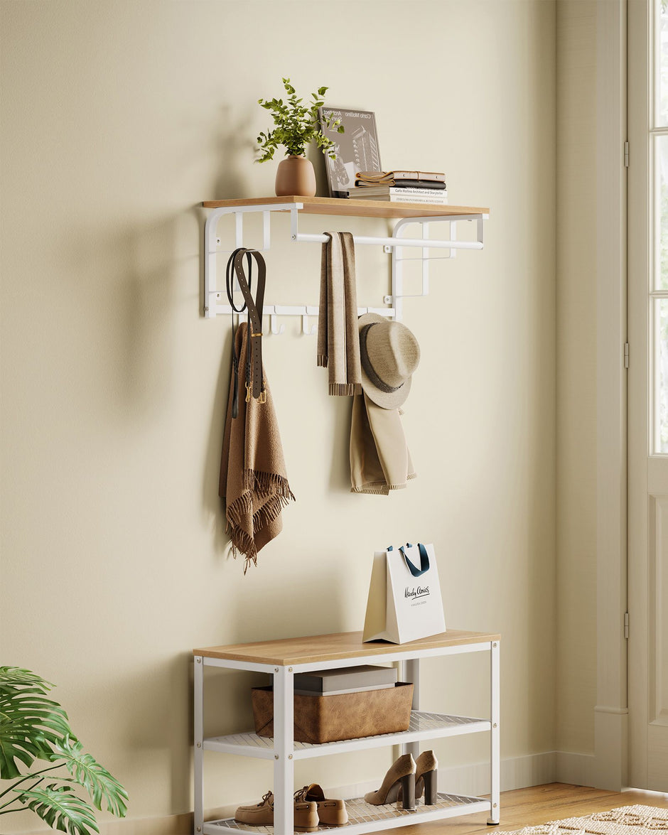 Wall-Mounted Coat Rack – Engineered Wood – Golden Oak and Cloud White – Industrial Design with Storage Shelf and 5 Hooks