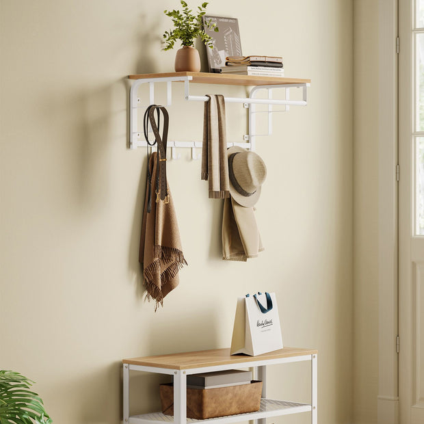Wall-Mounted Coat Rack – Engineered Wood – Golden Oak and Cloud White – Industrial Design with Storage Shelf and 5 Hooks