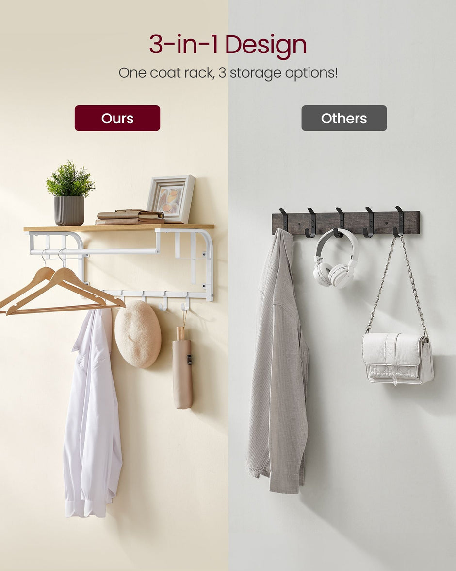 Wall-Mounted Coat Rack – Engineered Wood – Golden Oak and Cloud White – Industrial Design with Storage Shelf and 5 Hooks