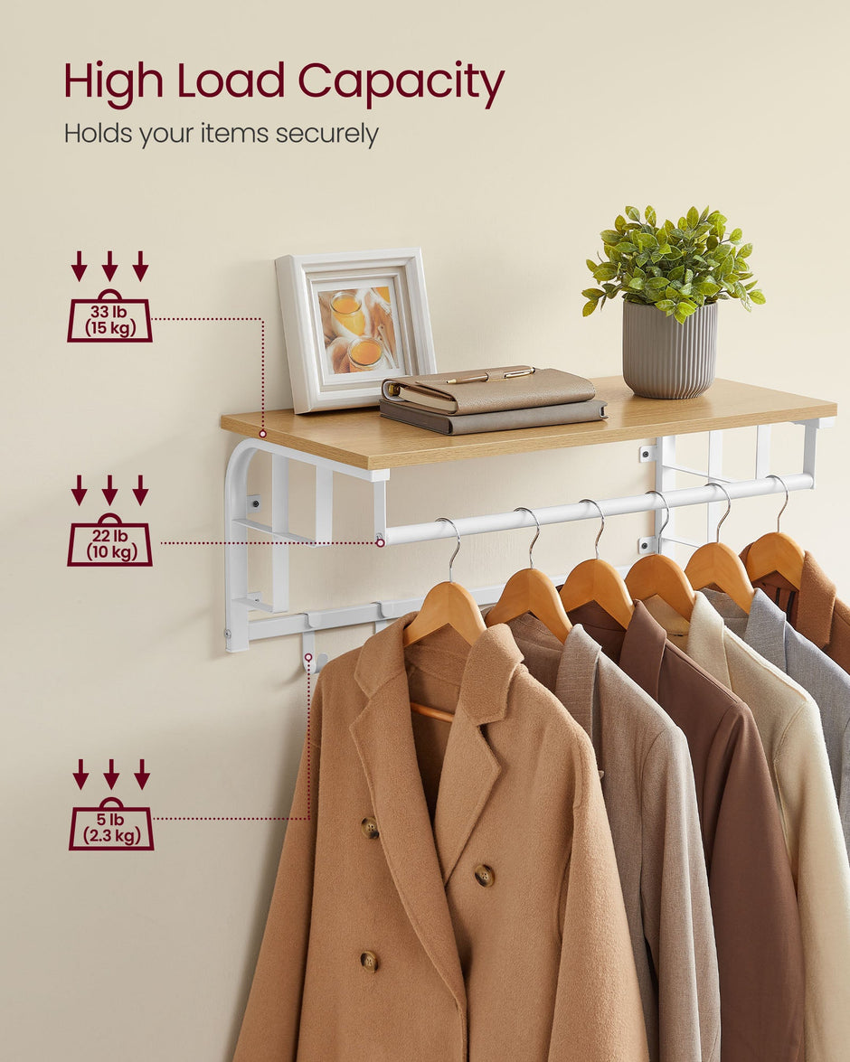 Wall-Mounted Coat Rack – Engineered Wood – Golden Oak and Cloud White – Industrial Design with Storage Shelf and 5 Hooks