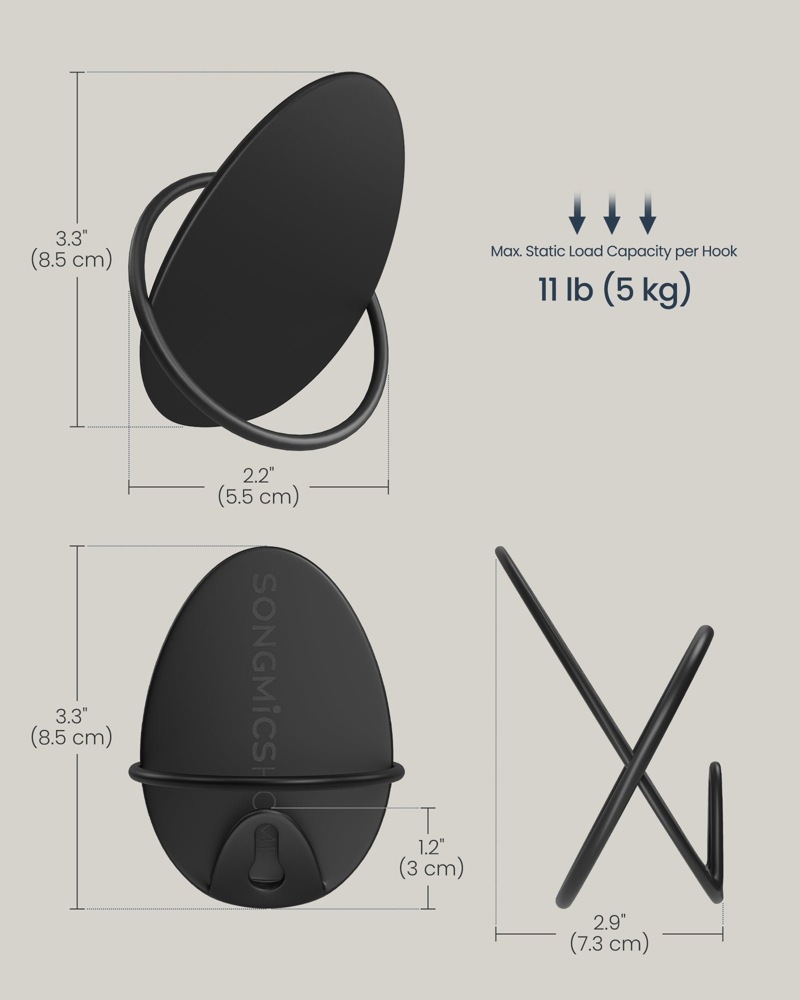 Set of Egg Shaped Wall Hooks – Metal – Ink Black – Holds up to 5 kg
