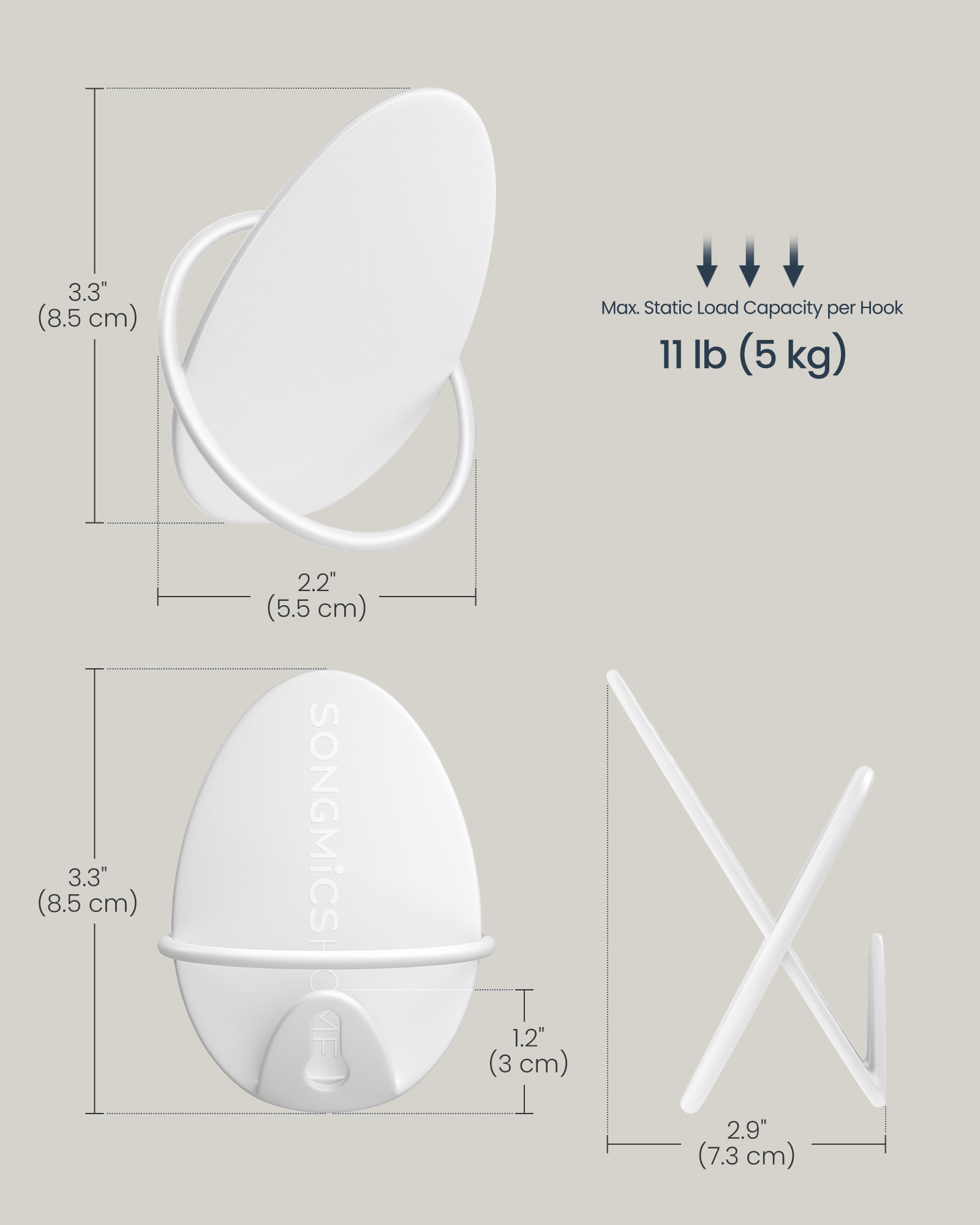 Set of Egg-Shaped Wall Hooks – Metal – Pearl White – Holds up to 5 kg