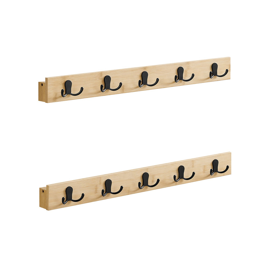 Wall-Mounted Coat Rack Set – Natural Wood – Beige – 5 Double Hooks with Shelf, Space-Saving Design