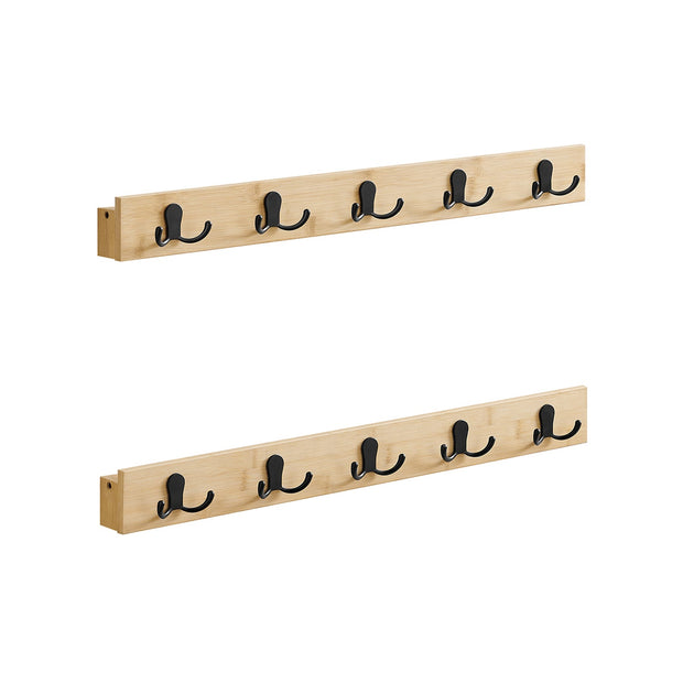 Wall-Mounted Coat Rack Set – Natural Wood – Beige – 5 Double Hooks with Shelf, Space-Saving Design