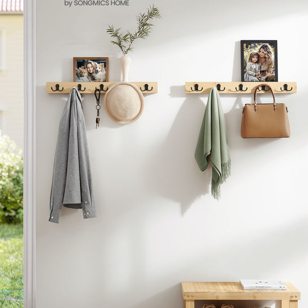 Wall-Mounted Coat Rack Set – Natural Wood – Beige – 5 Double Hooks with Shelf, Space-Saving Design