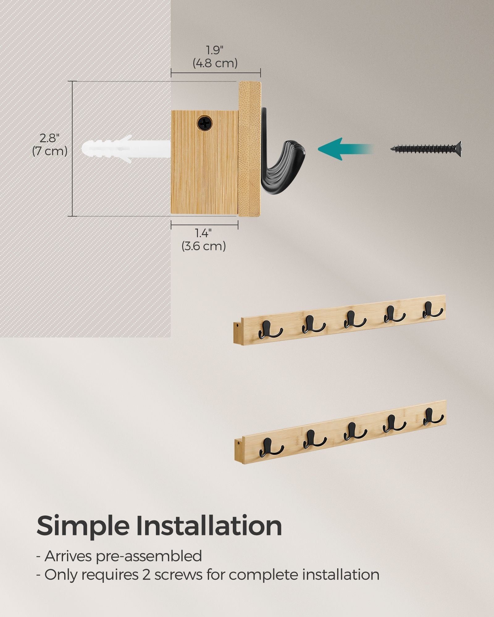 Wall-Mounted Coat Rack Set – Natural Wood – Beige – 5 Double Hooks with Shelf, Space-Saving Design
