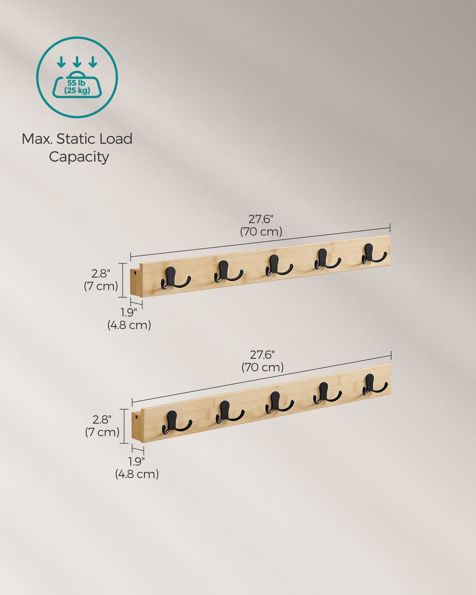Wall-Mounted Coat Rack Set – Natural Wood – Beige – 5 Double Hooks with Shelf, Space-Saving Design