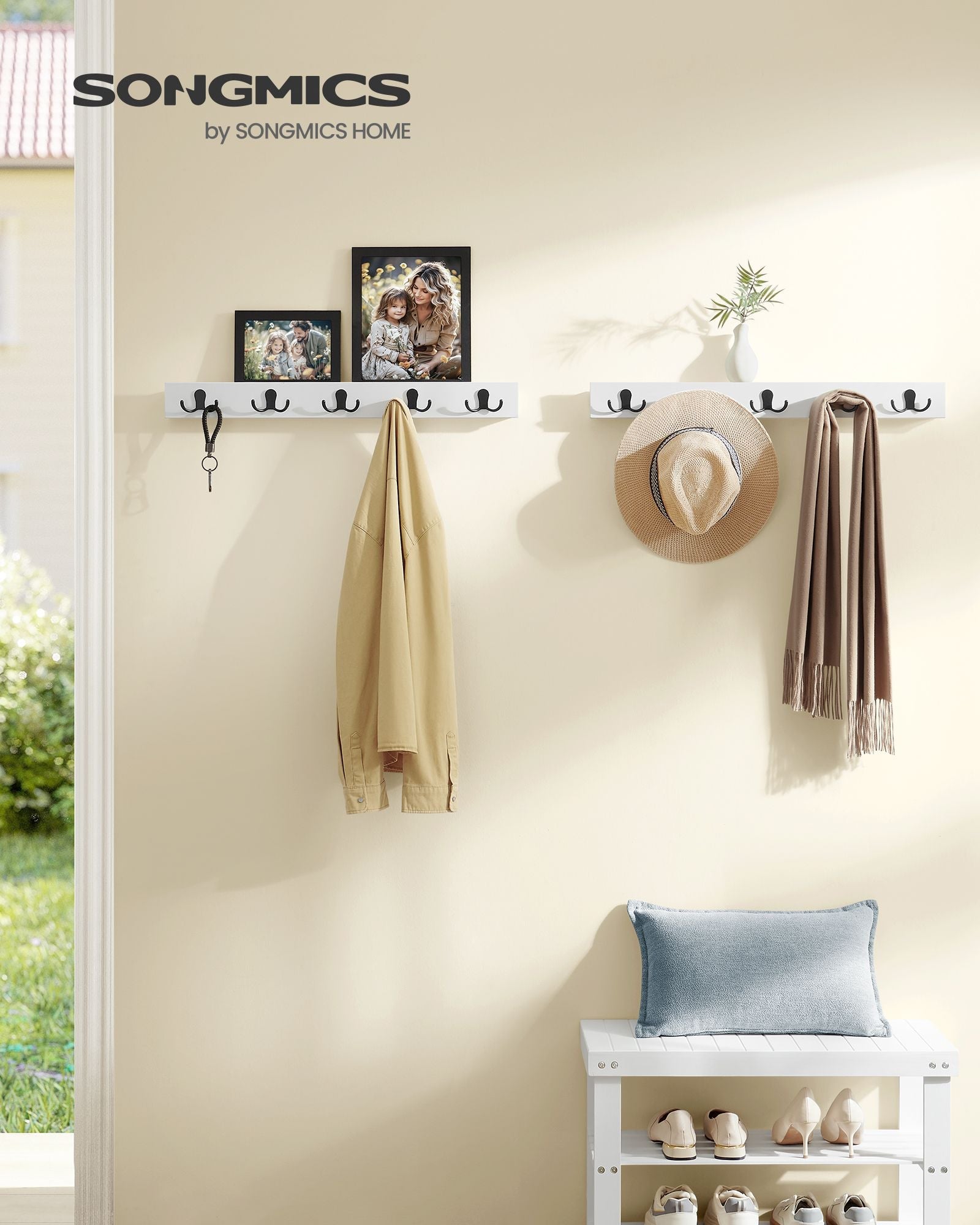 Set of 2 Wall-Mounted Coat Racks – Metal and Wood – Cloud White – Space-Saving Design with Shelf and 5 Double Hooks