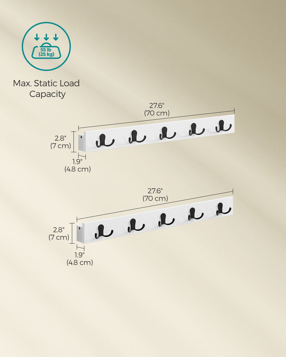 Set of 2 Wall-Mounted Coat Racks – Metal and Wood – Cloud White – Space-Saving Design with Shelf and 5 Double Hooks