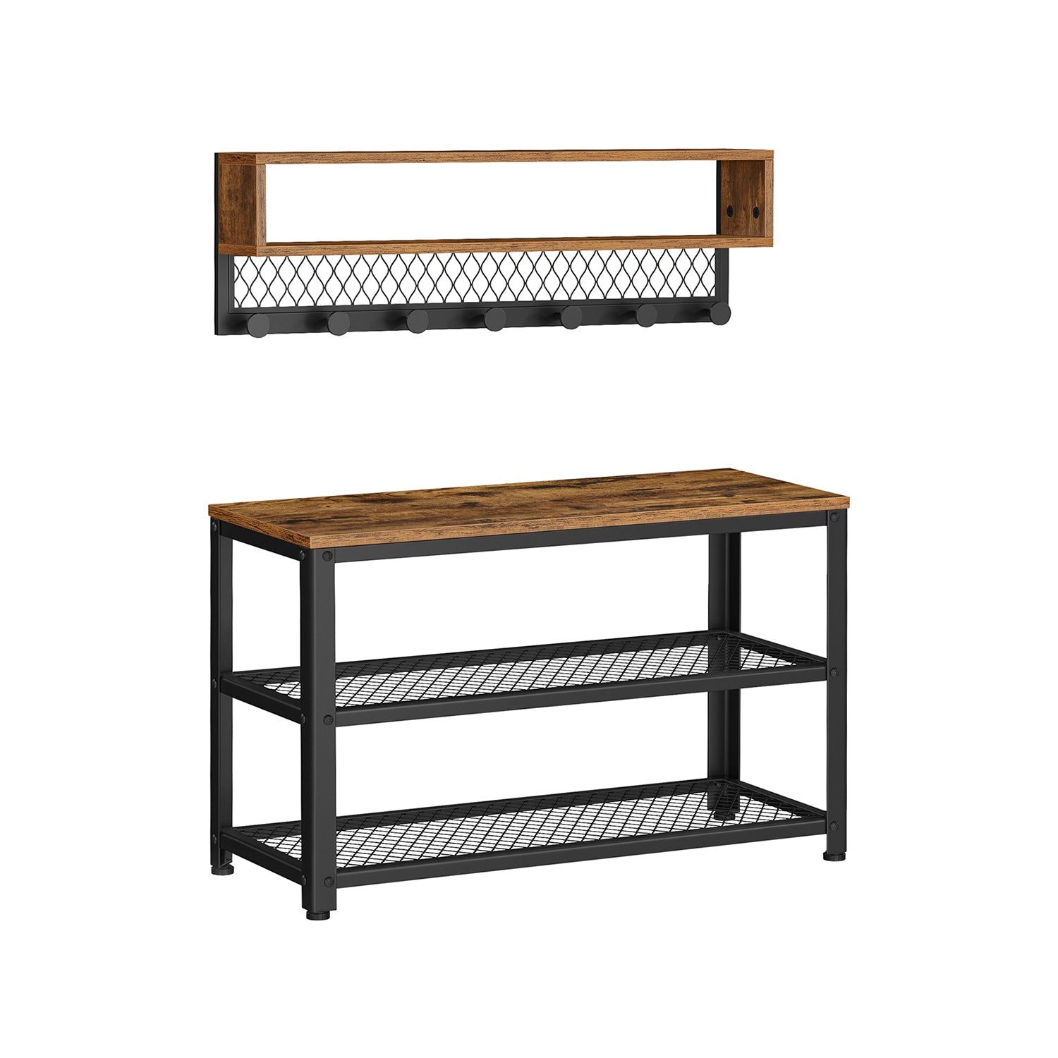 Coat Rack and Shoe Bench Set – Wood – Rustic Brown – Multifunctional Hallway Furniture with 2-Tier Shoe Rack and Dot Coat Hooks
