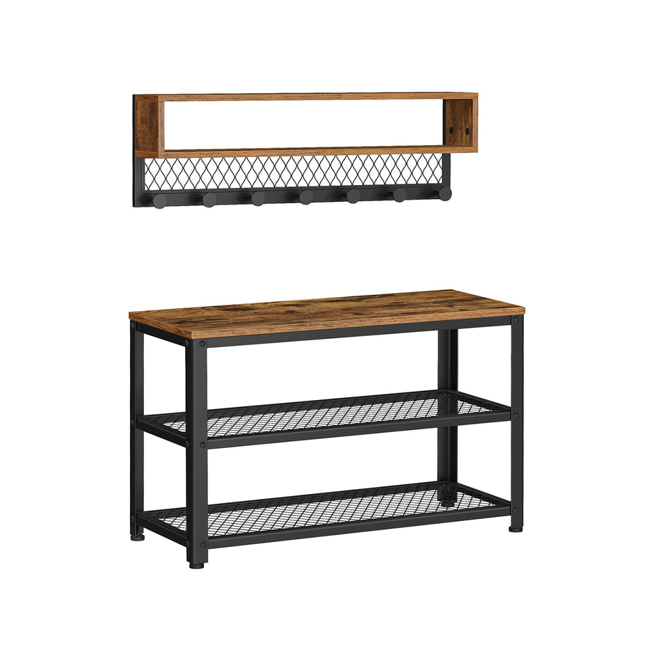 Coat Rack and Shoe Bench Set – Wood – Rustic Brown – Multifunctional Hallway Furniture with 2-Tier Shoe Rack and Dot Coat Hooks