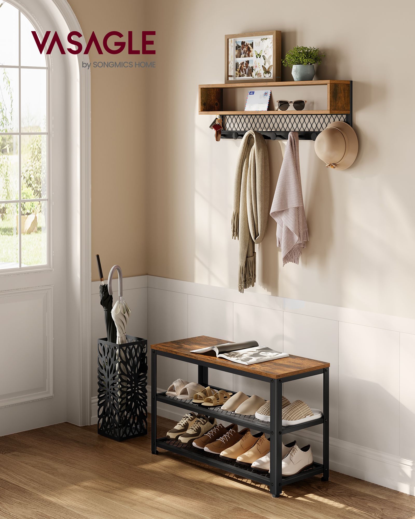 Coat Rack and Shoe Bench Set – Wood – Rustic Brown – Multifunctional Hallway Furniture with 2-Tier Shoe Rack and Dot Coat Hooks