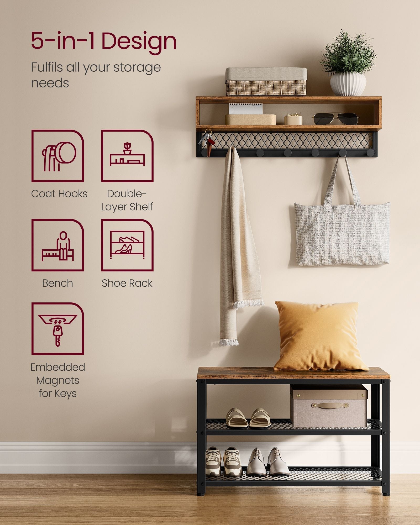 Coat Rack and Shoe Bench Set – Wood – Rustic Brown – Multifunctional Hallway Furniture with 2-Tier Shoe Rack and Dot Coat Hooks