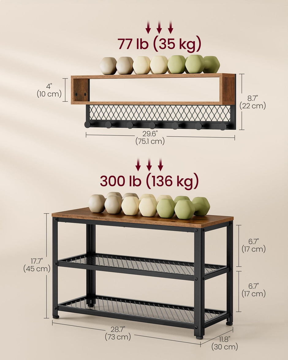Coat Rack and Shoe Bench Set – Wood – Rustic Brown – Multifunctional Hallway Furniture with 2-Tier Shoe Rack and Dot Coat Hooks