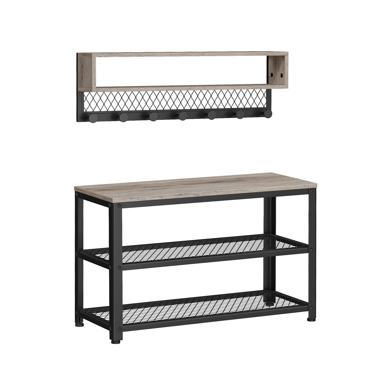 Coat Rack and Shoe Bench Set – Wood and Metal – Heather Greige – Multifunctional Hall Tree with Dot Coat Hooks and 2-Tier Shoe Rack