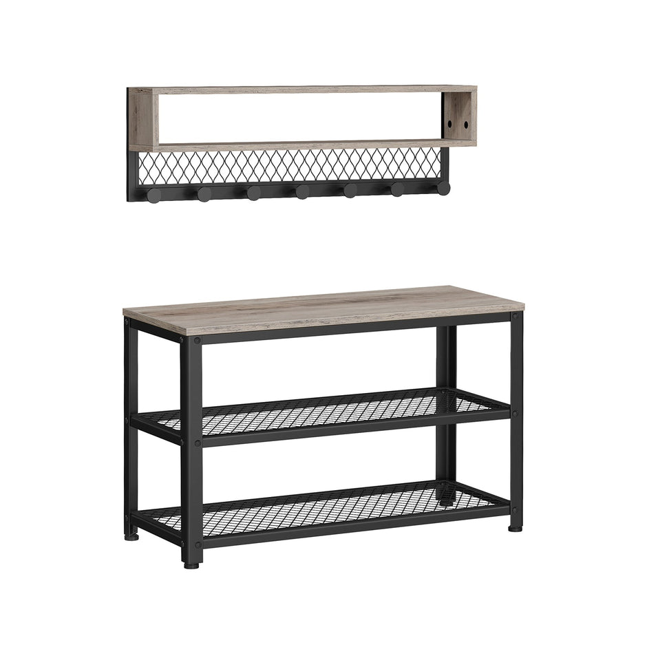 Coat Rack and Shoe Bench Set – Wood and Metal – Heather Greige – Multifunctional Hall Tree with Dot Coat Hooks and 2-Tier Shoe Rack
