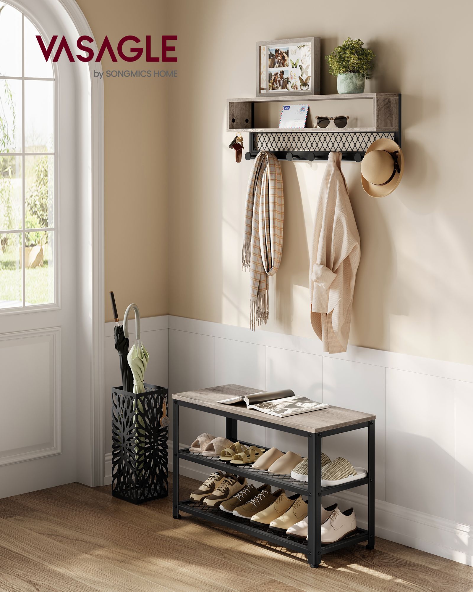 Coat Rack and Shoe Bench Set – Wood and Metal – Heather Greige – Multifunctional Hall Tree with Dot Coat Hooks and 2-Tier Shoe Rack