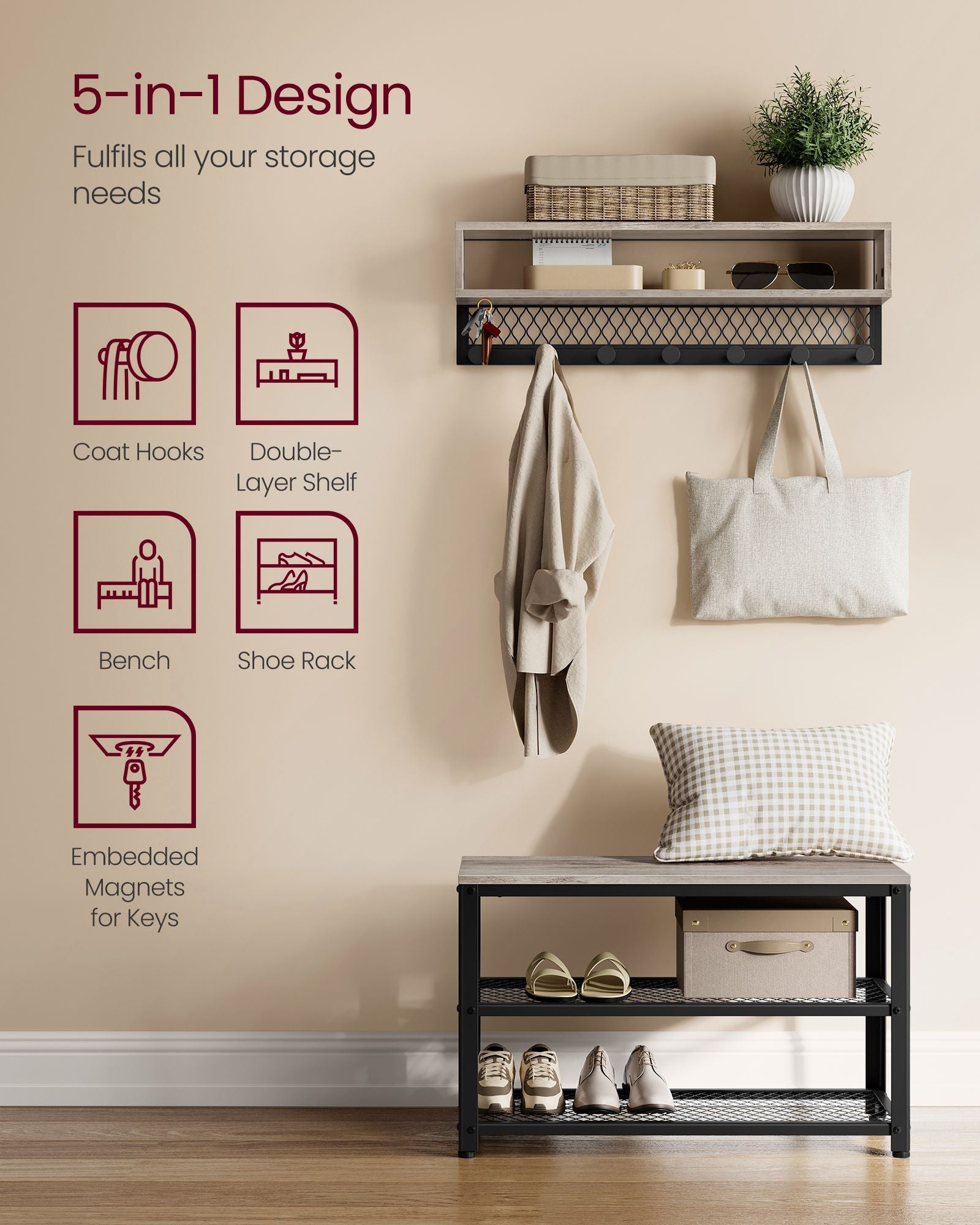 Coat Rack and Shoe Bench Set – Wood and Metal – Heather Greige – Multifunctional Hall Tree with Dot Coat Hooks and 2-Tier Shoe Rack