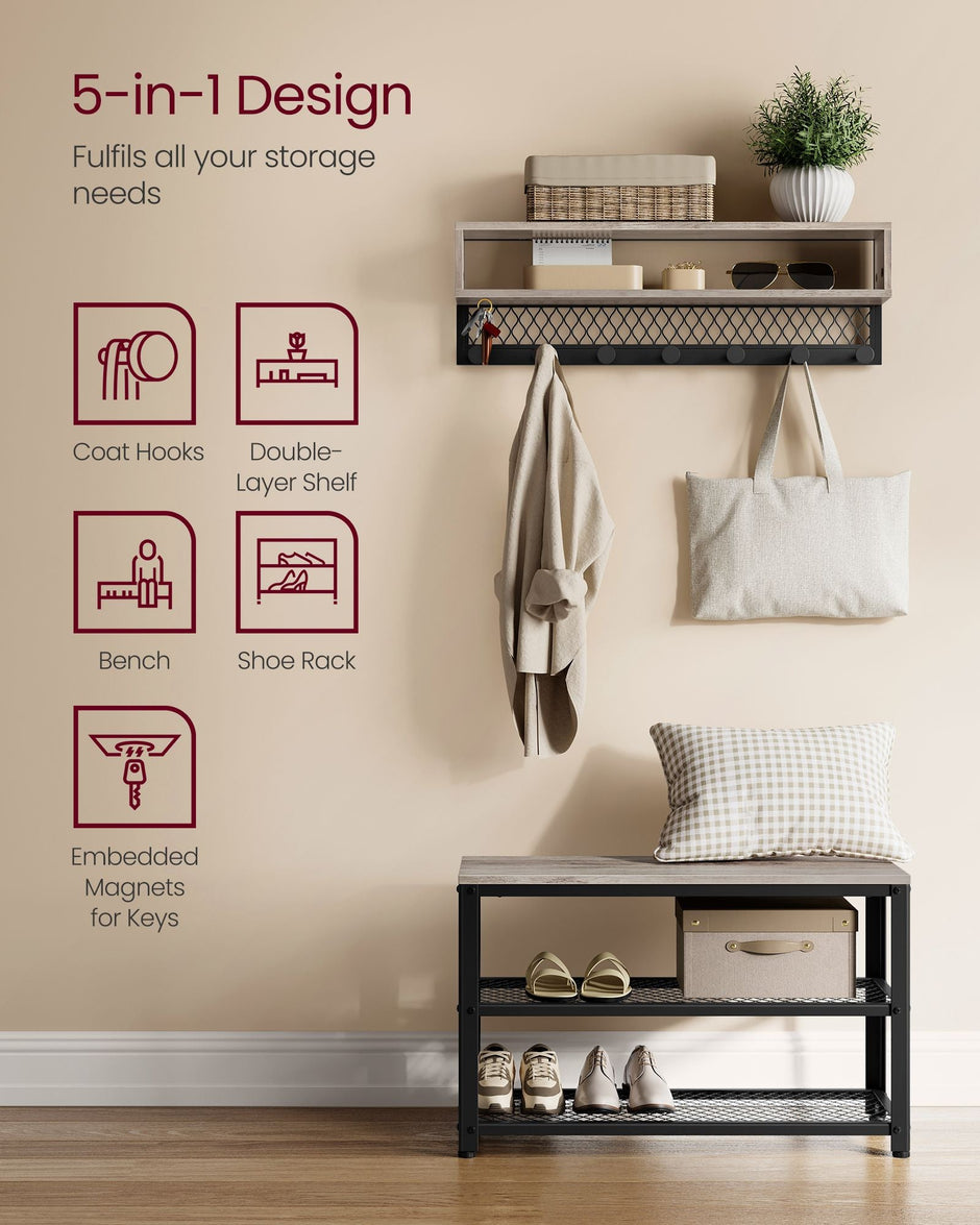 Coat Rack and Shoe Bench Set – Wood and Metal – Heather Greige – Multifunctional Hall Tree with Dot Coat Hooks and 2-Tier Shoe Rack