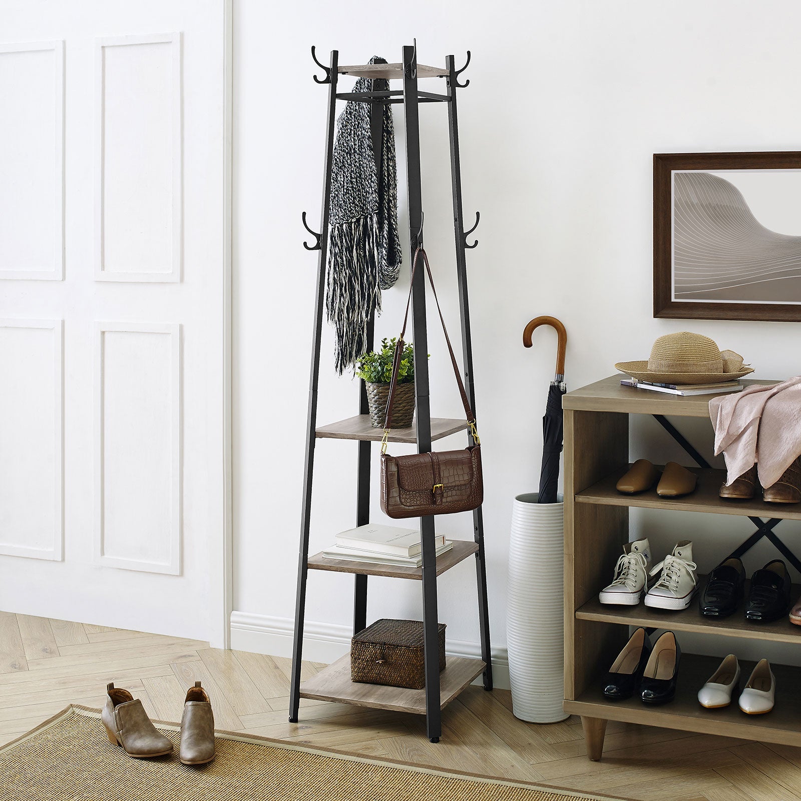 Coat Stand – Steel – Greige and Black – 3 Shelves with Hooks for Scarves, Bags, and Umbrellas