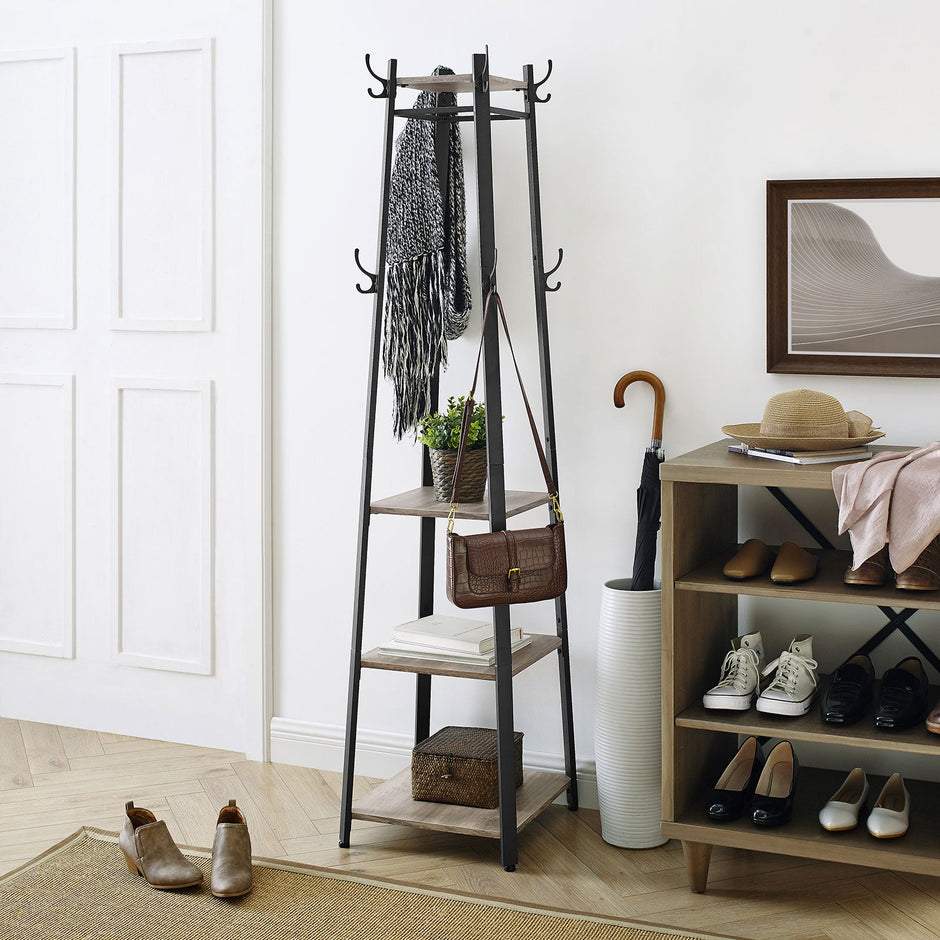 Coat Stand – Steel – Greige and Black – 3 Shelves with Hooks for Scarves, Bags, and Umbrellas