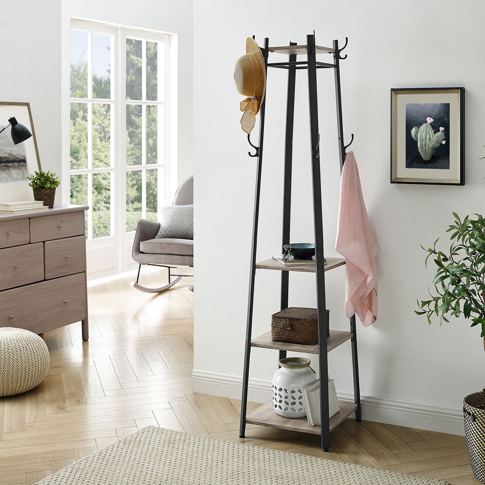Coat Stand – Steel – Greige and Black – 3 Shelves with Hooks for Scarves, Bags, and Umbrellas