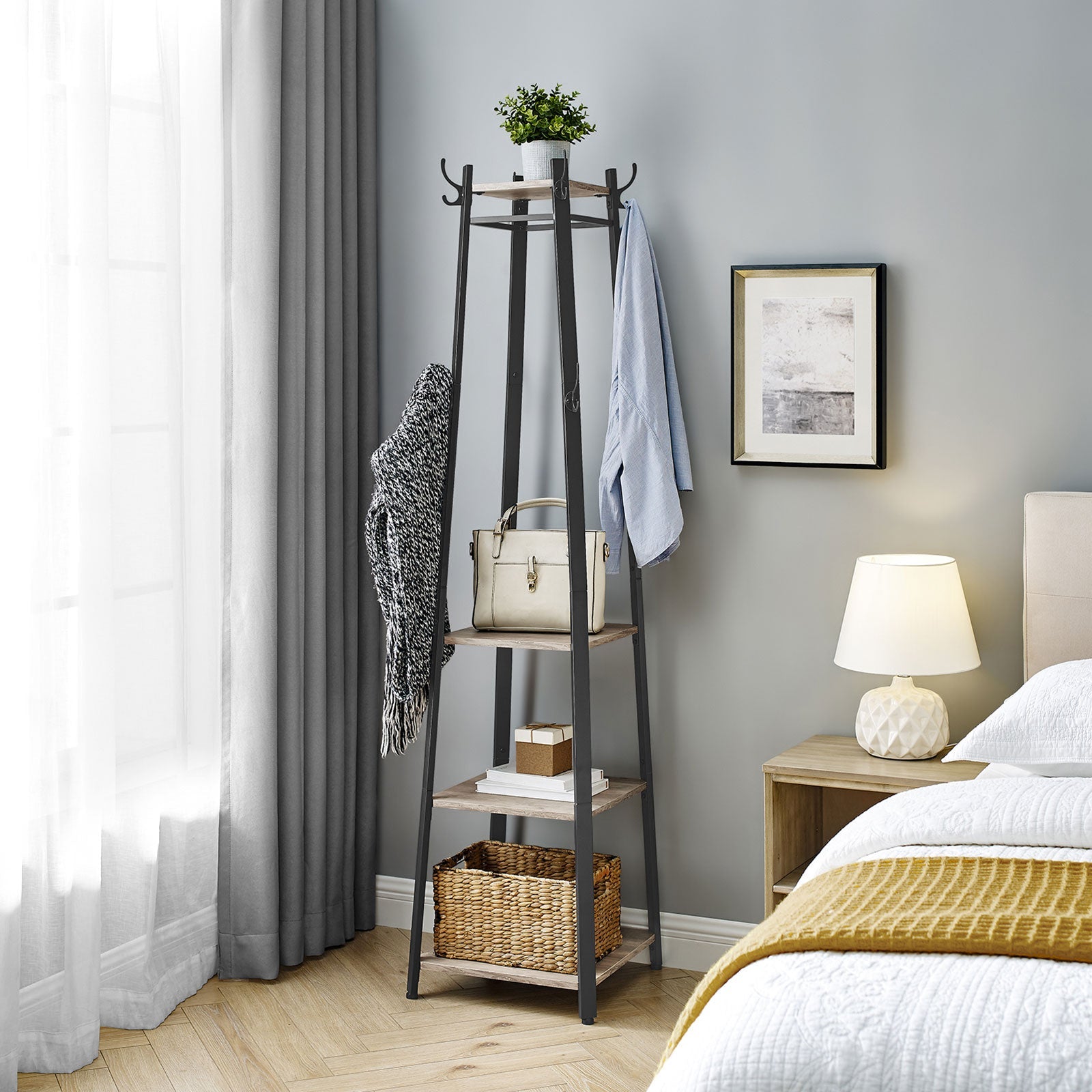 Coat Stand – Steel – Greige and Black – 3 Shelves with Hooks for Scarves, Bags, and Umbrellas