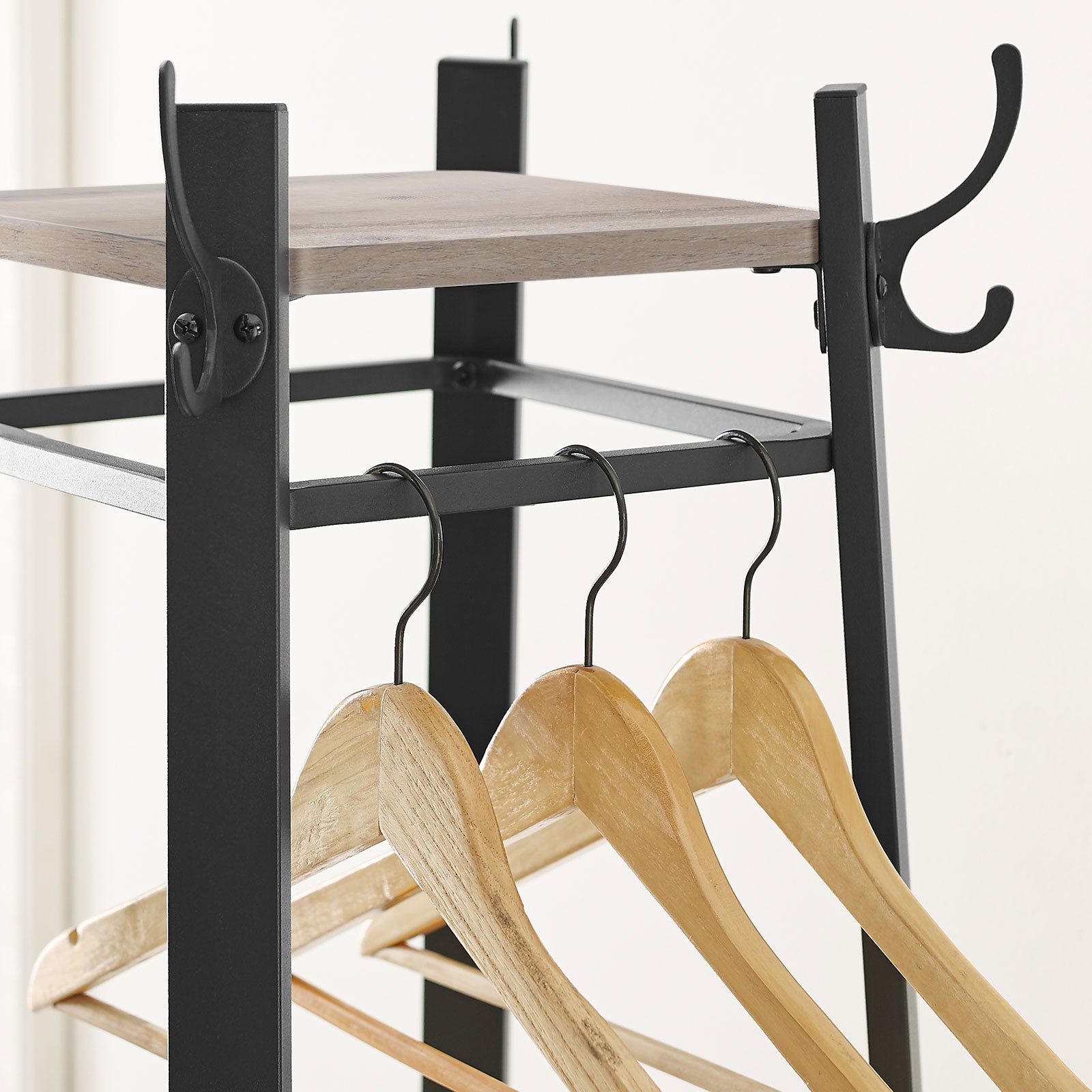 Coat Stand – Steel – Greige and Black – 3 Shelves with Hooks for Scarves, Bags, and Umbrellas