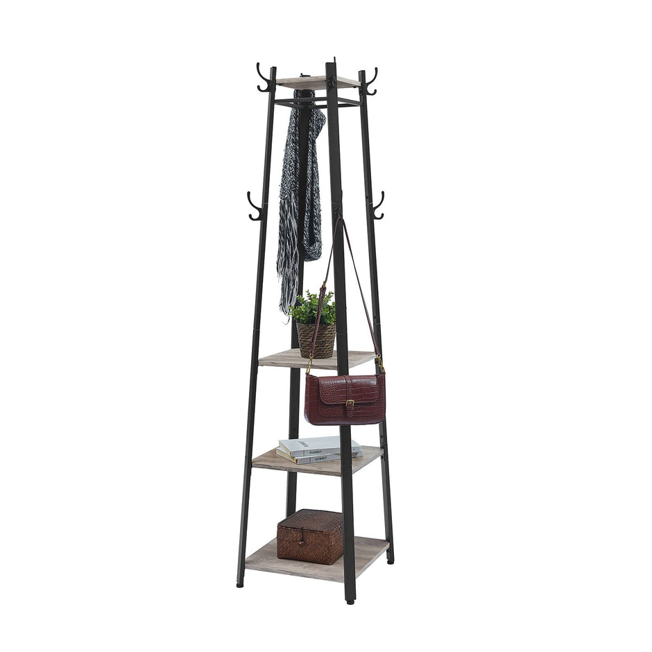 Coat Stand – Steel – Greige and Black – 3 Shelves with Hooks for Scarves, Bags, and Umbrellas