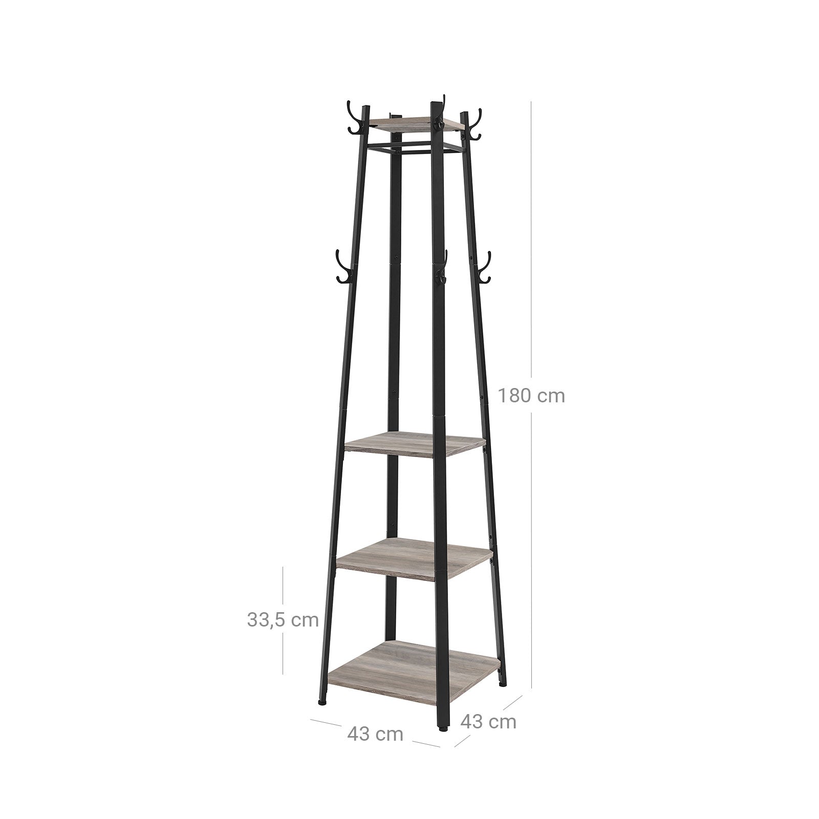 Coat Stand – Steel – Greige and Black – 3 Shelves with Hooks for Scarves, Bags, and Umbrellas