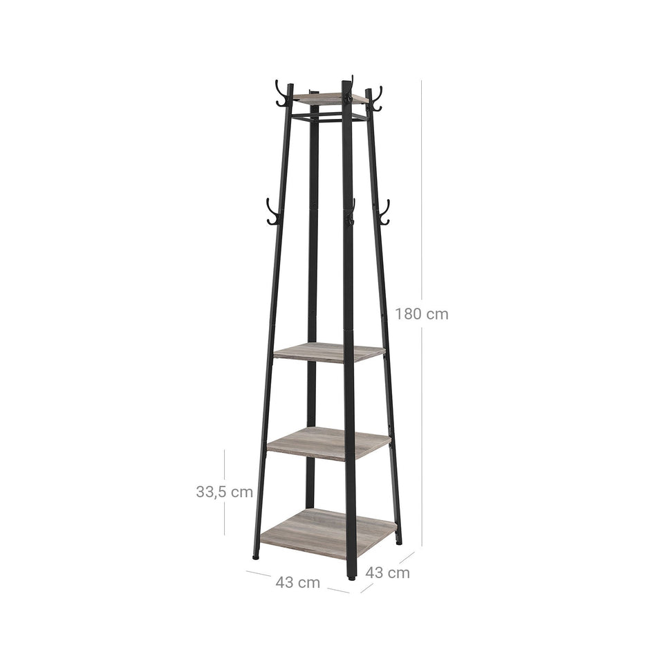 Coat Stand – Steel – Greige and Black – 3 Shelves with Hooks for Scarves, Bags, and Umbrellas
