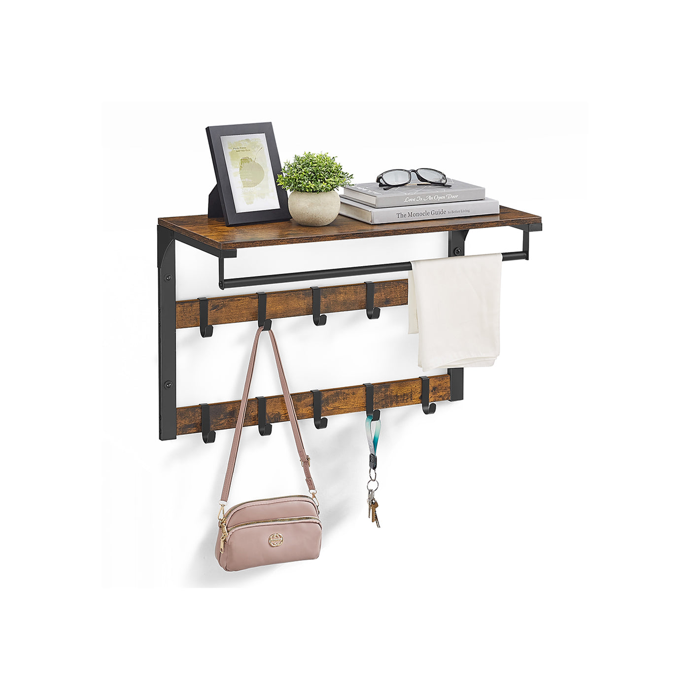 Wall-Mounted Coat Rack – Wood – Rustic Brown/Black – 10 Removable Hooks with Shelf