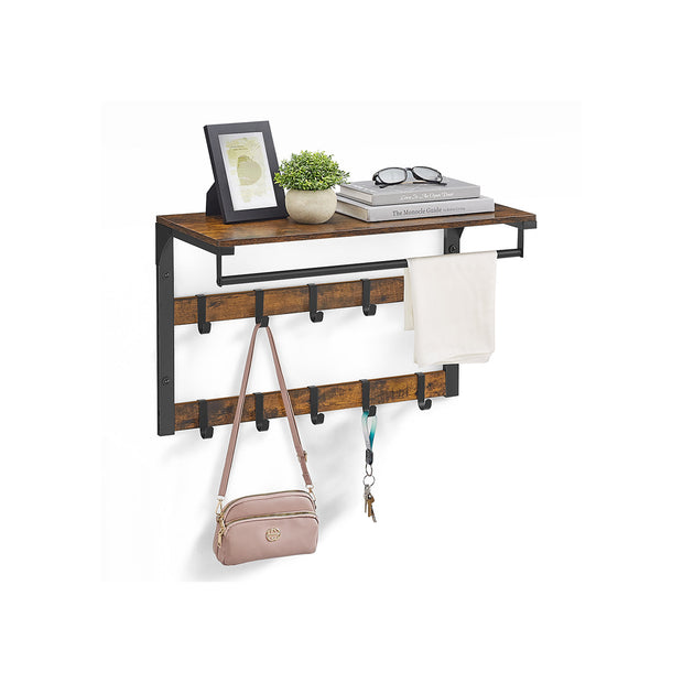 Wall-Mounted Coat Rack – Wood – Rustic Brown/Black – 10 Removable Hooks with Shelf