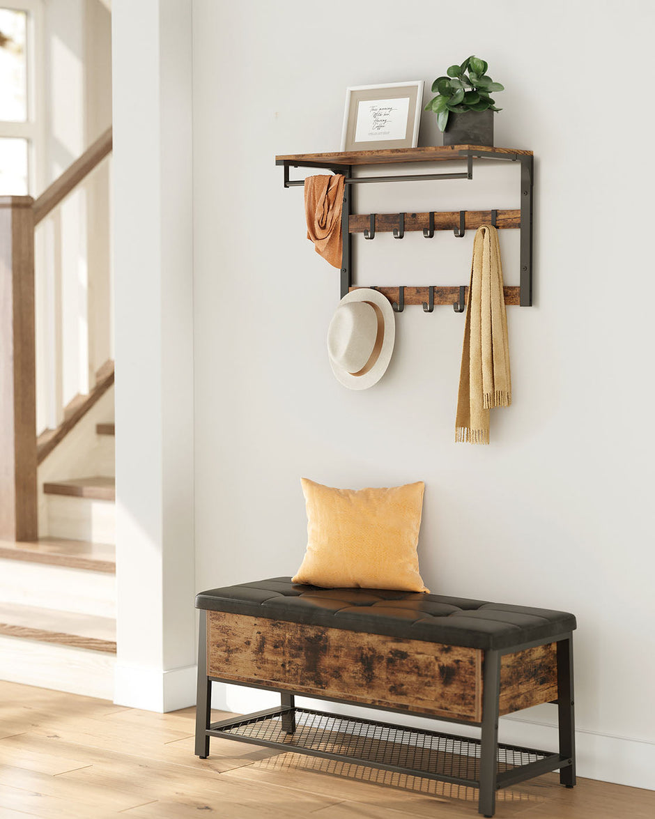 Wall-Mounted Coat Rack – Wood – Rustic Brown/Black – 10 Removable Hooks with Shelf