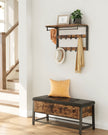 Wall-Mounted Coat Rack – Wood – Rustic Brown/Black – 10 Removable Hooks with Shelf