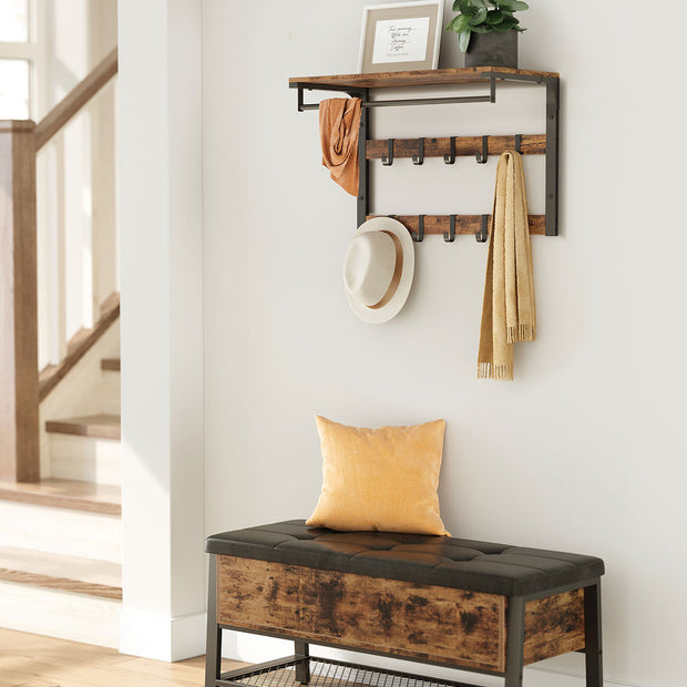 Wall-Mounted Coat Rack – Wood – Rustic Brown/Black – 10 Removable Hooks with Shelf
