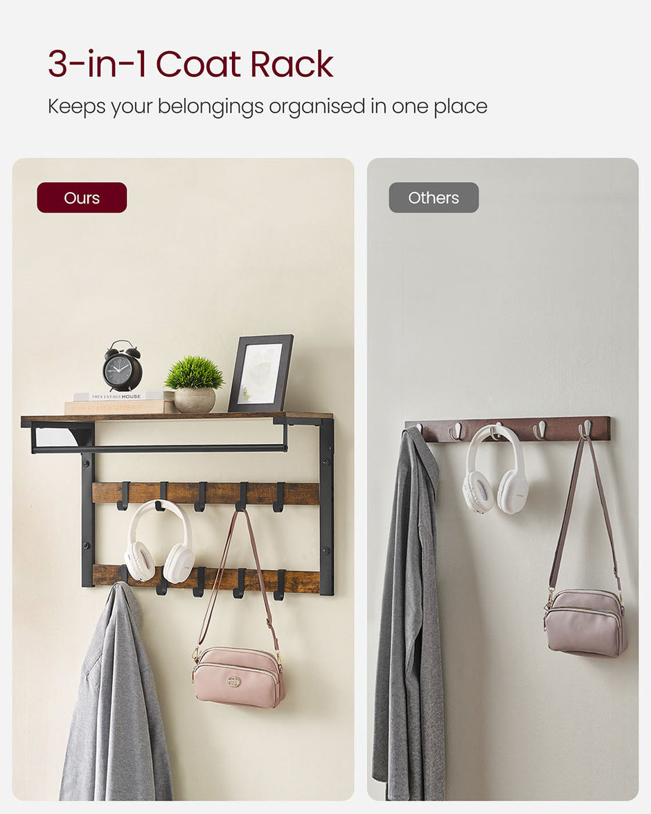 Wall-Mounted Coat Rack – Wood – Rustic Brown/Black – 10 Removable Hooks with Shelf