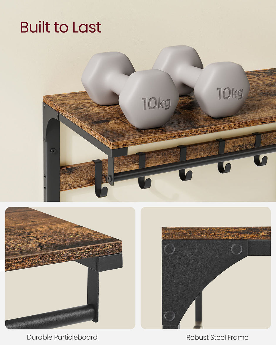 Wall-Mounted Coat Rack – Wood – Rustic Brown/Black – 10 Removable Hooks with Shelf