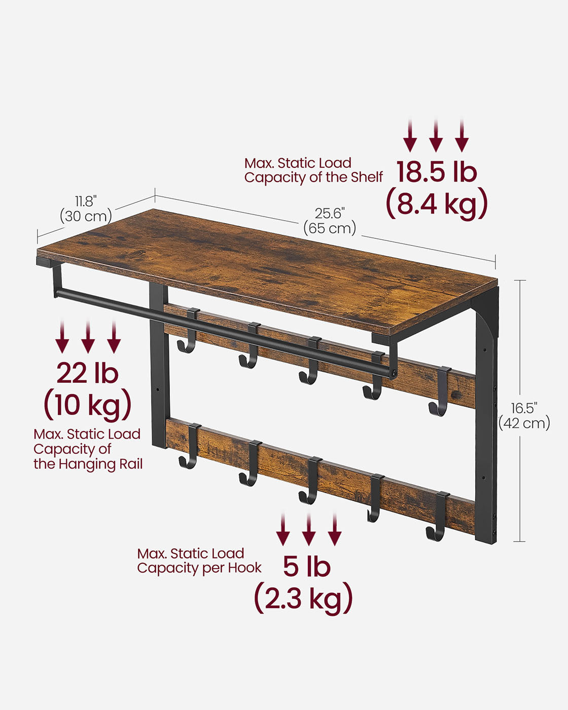 Wall-Mounted Coat Rack – Wood – Rustic Brown/Black – 10 Removable Hooks with Shelf