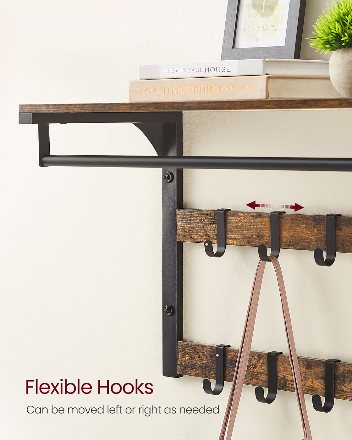 Wall-Mounted Coat Rack – Wood – Rustic Brown/Black – 10 Removable Hooks with Shelf