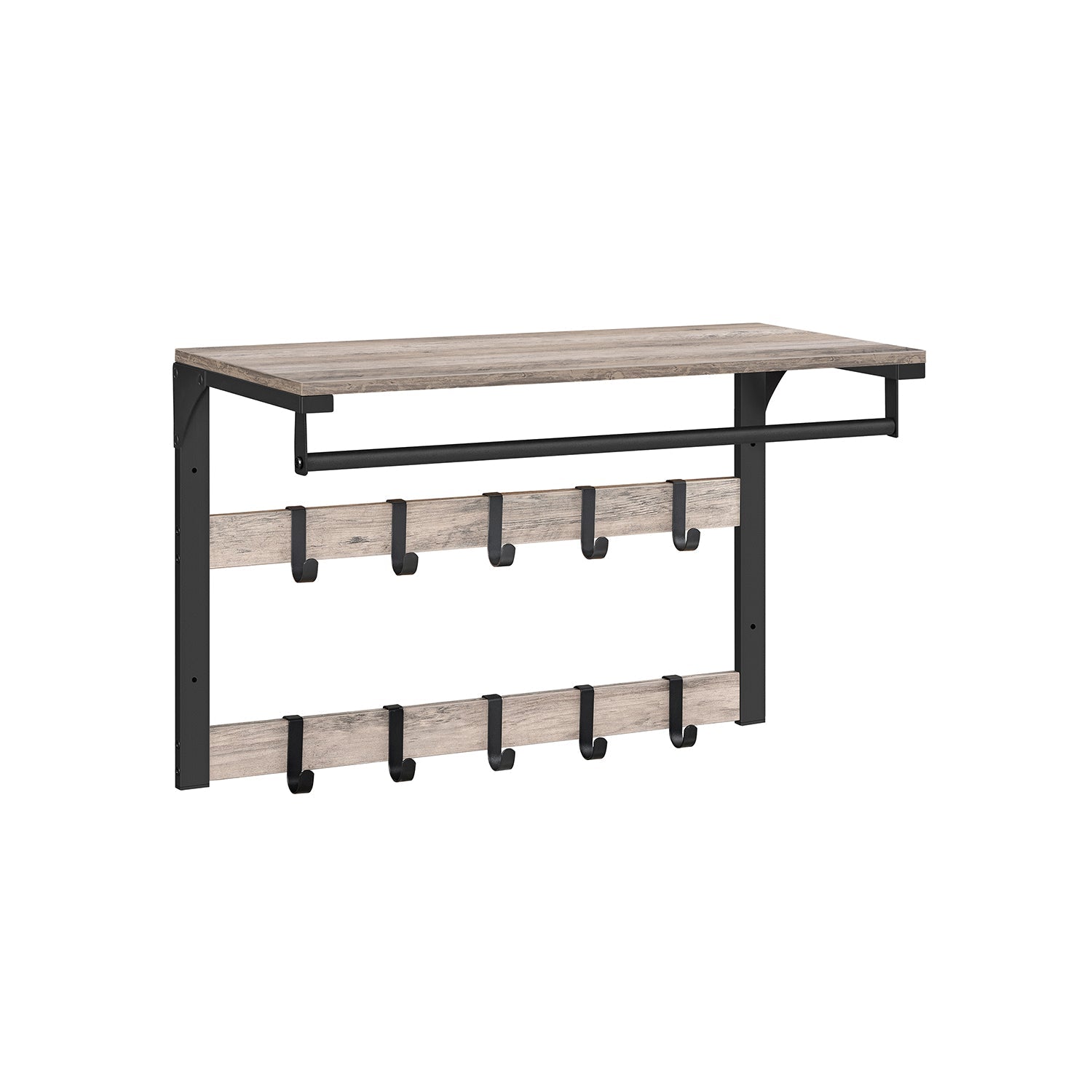 Wall-Mounted Coat Rack – Wood – Greige and Black – 10 Removable Hooks with Shelf