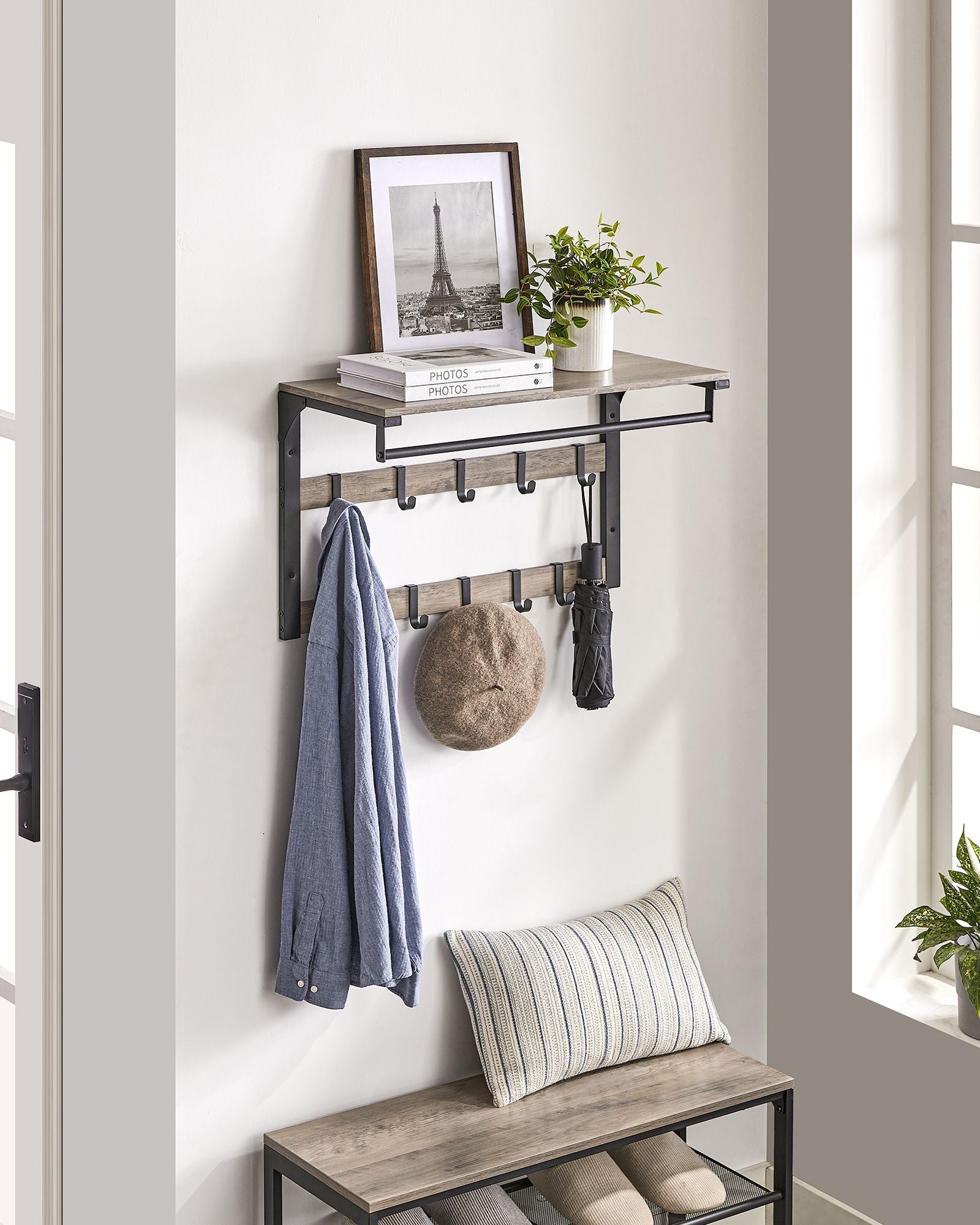 Wall-Mounted Coat Rack – Wood – Greige and Black – 10 Removable Hooks with Shelf