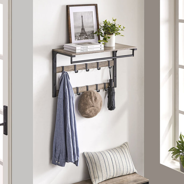 Wall-Mounted Coat Rack – Wood – Greige and Black – 10 Removable Hooks with Shelf