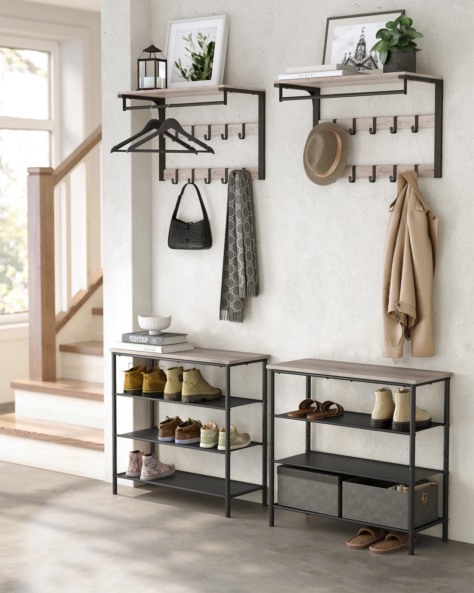 Wall-Mounted Coat Rack – Wood – Greige and Black – 10 Removable Hooks with Shelf
