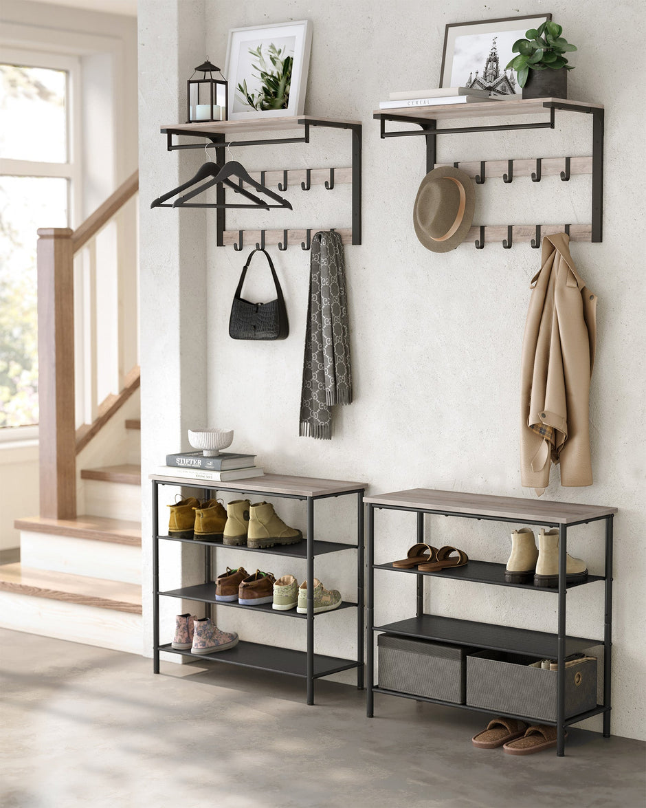 Wall-Mounted Coat Rack – Wood – Greige and Black – 10 Removable Hooks with Shelf