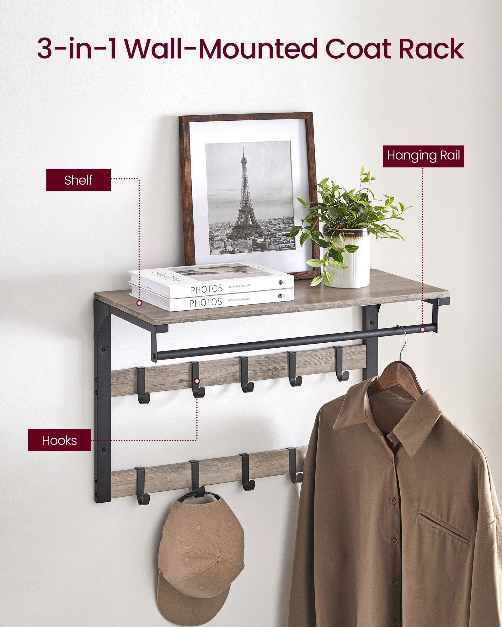 Wall-Mounted Coat Rack – Wood – Greige and Black – 10 Removable Hooks with Shelf